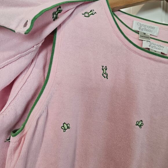 Christopher Banks Frog Cardigan Womens Medium Pink 2 Piece Sweater Y2K Preppy - Picture 5 of 10